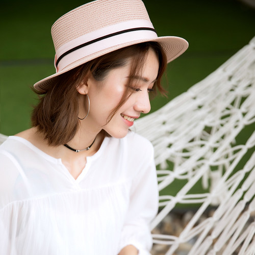 帽子女帽潮流韩版百搭m标平顶小沿礼帽夏天粉色草帽女夏小清新