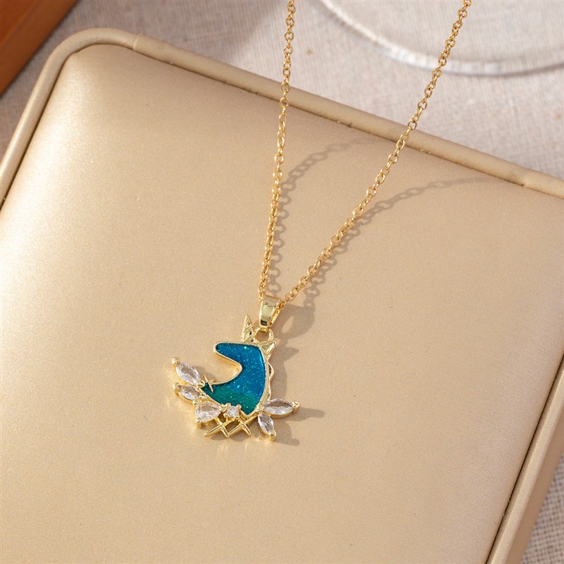 INS蓝色欧泊项链吊坠麋鹿锁骨链C动物坠饰欧美跨境滴油锆石饰品女