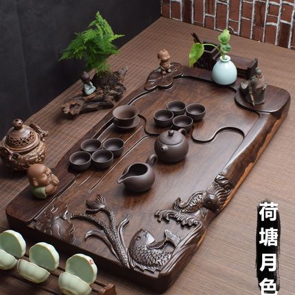 整块黑檀木茶盘家用实木茶海茶台原木精雕红木大号排水式功夫茶具