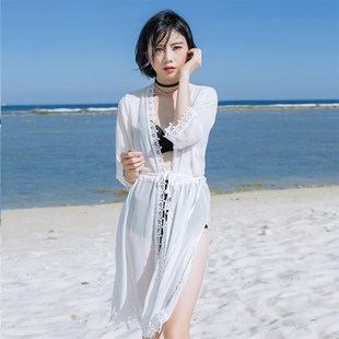 七分袖 沙滩游泳衣女新品 中长款 开衫 海边度假温泉雪纺外搭 外套罩衫