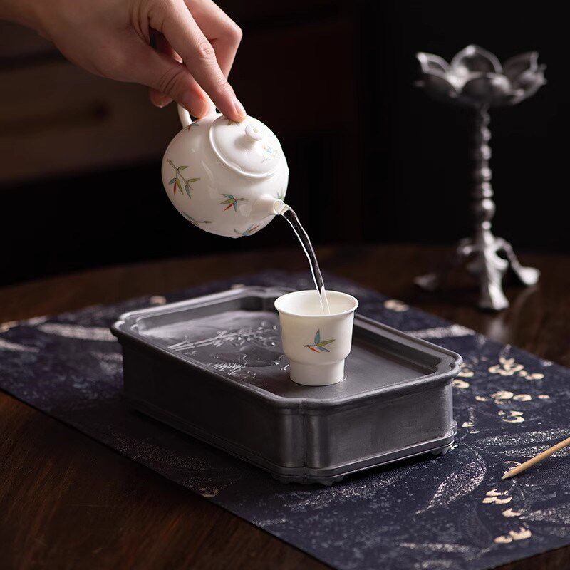 古锡壶承小型储水茶盘干泡功夫茶具盖碗茶壶底托盘长方形茶承
