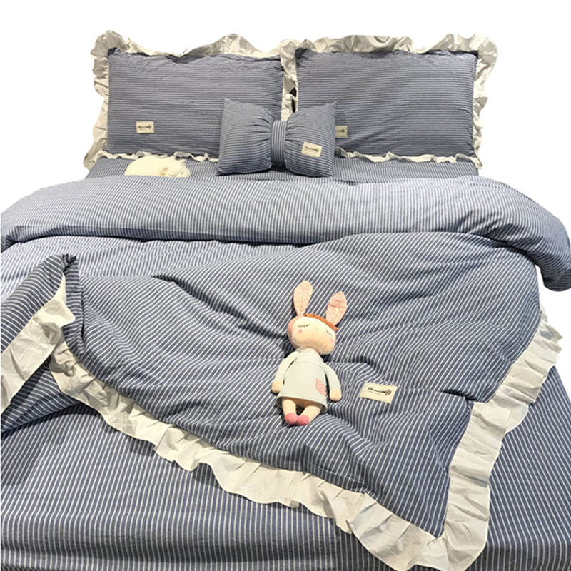 四件套全棉水洗棉简约条纹公主风荷叶边被套床单1.8m床上用品,床上用品,床品套件/四件套/多件套,淘宝优惠券,粉丝福利购,淘宝优惠卷
