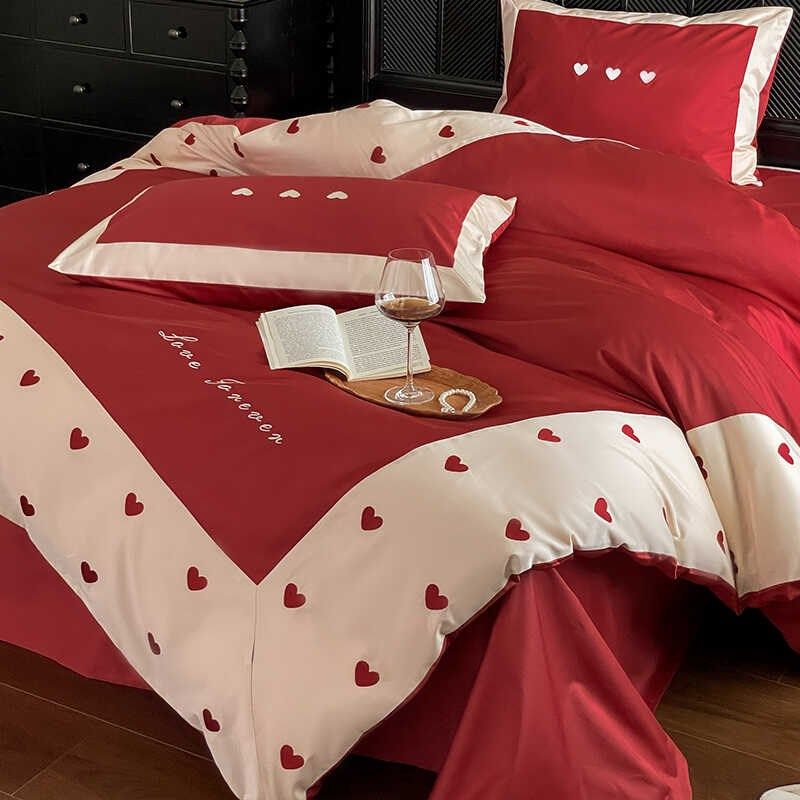 红色婚庆纯棉四件套高端被套长绒棉新婚喜嫁全棉床单红色陪嫁床品,床上用品,婚庆床品套件,淘宝优惠券,粉丝福利购,淘宝优惠卷