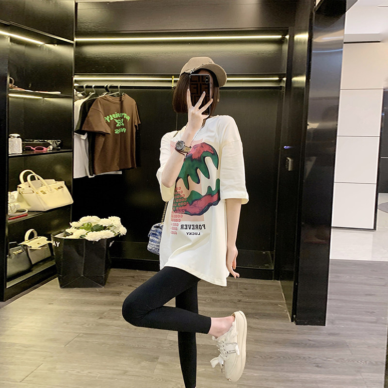 潮牌大版白色短袖T恤女下衣半身失踪夏季恐龙嘴宽松中长版T恤女