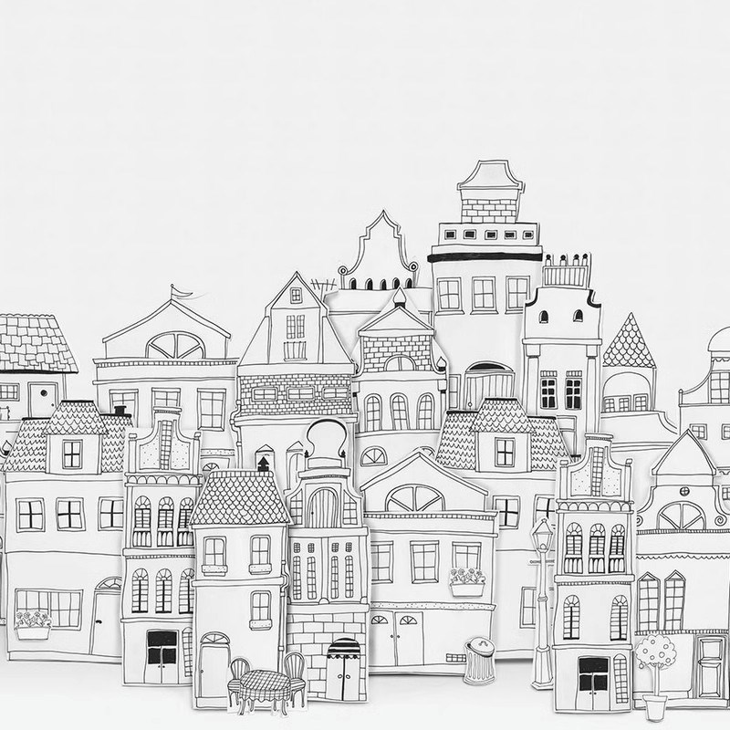 法式手绘建筑儿童房壁纸简约黑白客厅背景墙壁纸男女孩卧室3d壁画