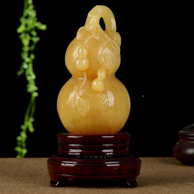 l天然米黄玉葫芦摆件手工风水桌面保品平p安客厅纳工柜福艺酒