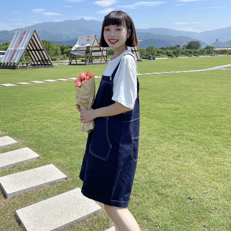 大码女装胖mm夏裤子套装韩版休闲T恤+时尚减龄阔腿背带裤显瘦套装