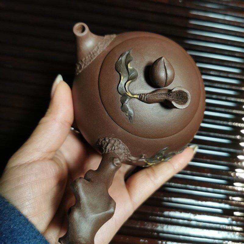 实用茶具传统壶型紫泥雕塑贴花侧把桃桩紫砂壶