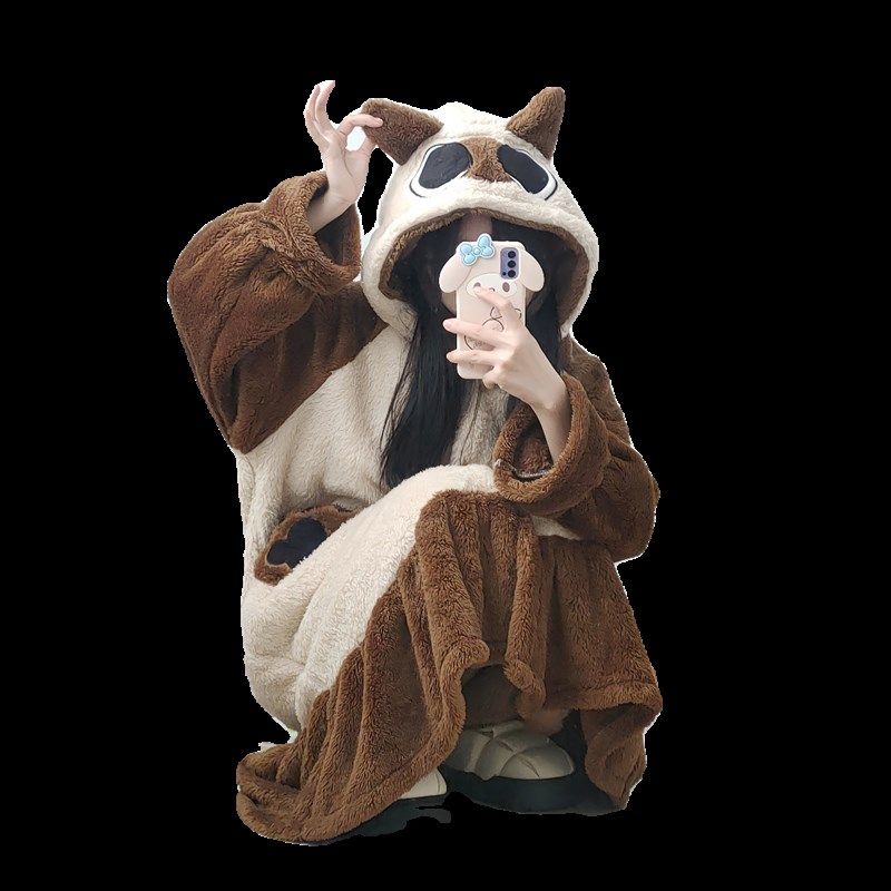 可爱暹罗小猫小豆泥睡衣冬季女加绒加厚可外穿家居服连帽长款睡袍
