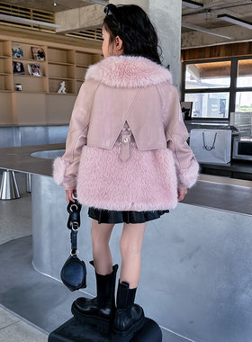 女童皮草外套秋冬款2023新款冬季儿童女大童冬装皮衣加绒加厚上衣