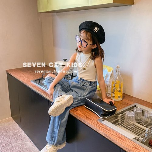 儿童时尚破洞牛仔裤女童裤子洋气高腰阔腿裤韩版宽松长裤2021新款