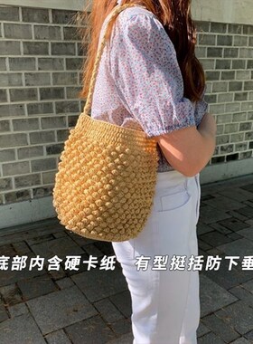 法式编织包女夏手工手织包包单肩草编藤编草包海边度假沙滩水桶包