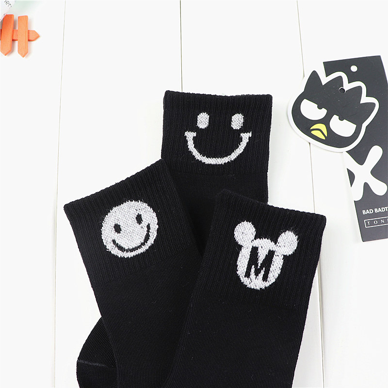 黑色儿童袜子纯棉卡通高腰中筒秋冬厚款男童宝宝女童韩版潮小孩大