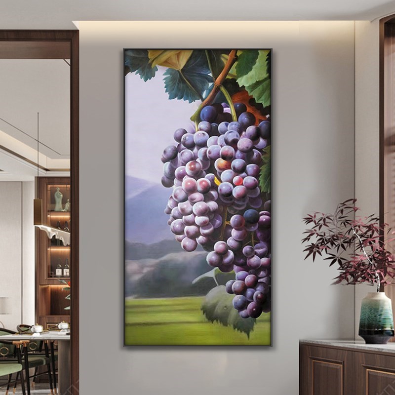 新中式紫气东来葡萄水果手绘油画玄关装饰画超写实艺术餐厅挂画图片