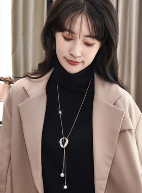 2021秋冬新款时尚简约r毛衣链女新款椭圆锆石珍珠长款项链跨境