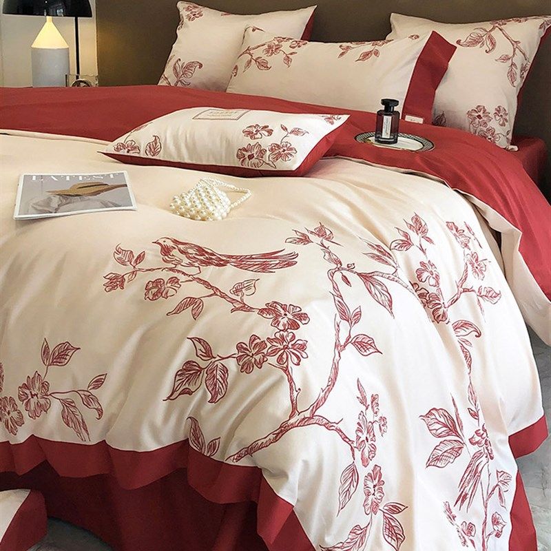 浪漫婚庆100支长绒棉四件套花鸟刺绣全棉被套结婚床上用品,床上用品,婚庆床品套件,淘宝优惠券,粉丝福利购,淘宝优惠卷