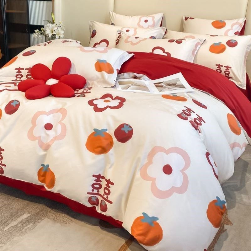 结婚四件套婚庆大红色婚房喜被磨毛床单被罩婚礼陪嫁被套,床上用品,婚庆床品套件,淘宝优惠券,粉丝福利购,淘宝优惠卷