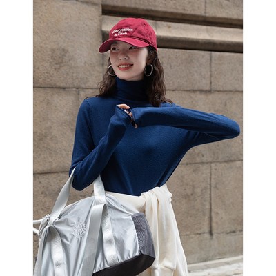 觅定堆堆领高领打底衫女秋冬内搭针织毛衣上衣L2021新款黑白橘蓝