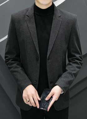 毛呢西装男秋冬季潮流休闲商务成熟男士呢子小西服潮加厚外套2023