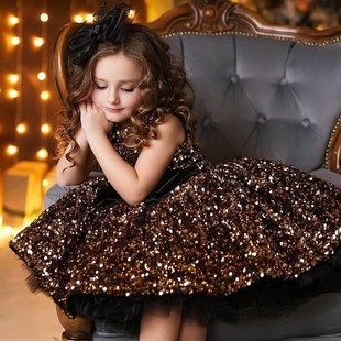 儿童闪亮片e短款公主蓬蓬裙女童T台走秀比赛主持人钢琴演出晚礼服