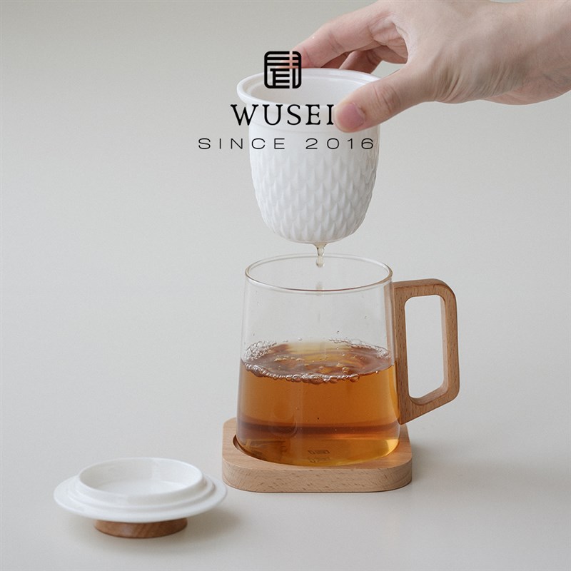 晴白木把泡茶杯玻璃带盖水杯大容量办公茶水分离陶瓷过滤杯子