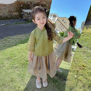 女童夏季改良中国风公主纱裙套装2024新款汉服儿童夏装复古两件套