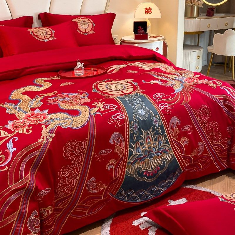 中式龙凤刺绣结婚四件套大红色新婚被套婚庆床上用品婚房陪嫁,床上用品,婚庆床品套件,淘宝优惠券,粉丝福利购,淘宝优惠卷