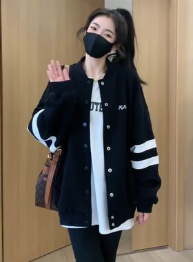 大码女装宽松休闲小个子黑色棒球服外套女2024年秋季新款长袖上衣