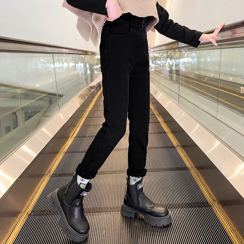 女童加绒裤子儿童加厚一体绒牛仔裤女大童秋冬外穿黑色弹力小脚裤