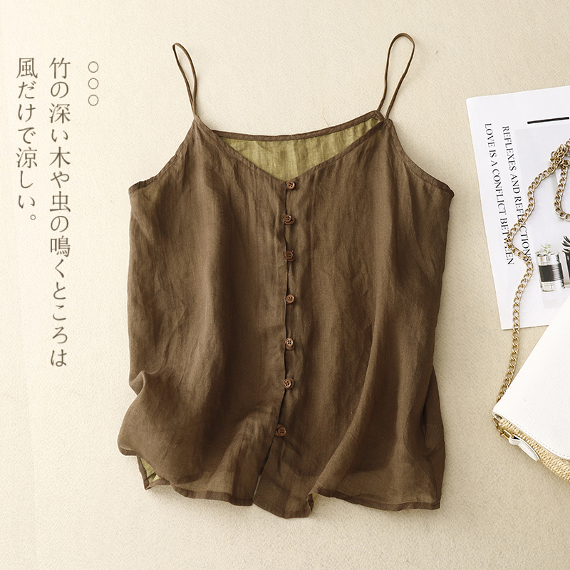 V领单排扣亚麻吊带小背心女夏季薄款纯色内搭打底外W穿无袖上衣潮