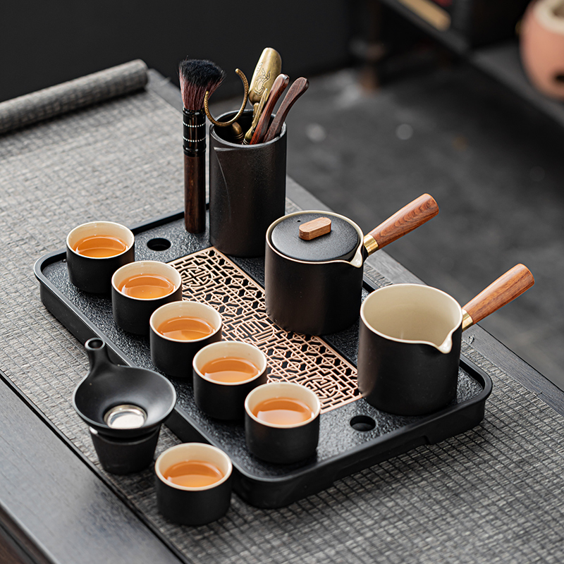 整套功夫茶具中式禅风黑简约盖碗家用办公茶盘粗陶泡茶壶茶具套装