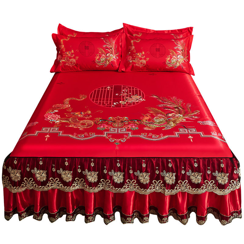 婚庆大红色冰丝席床裙式三件套可机洗可折叠夏季空调1.8M软席子,床上用品,冰丝席,淘宝优惠券,粉丝福利购,淘宝优惠卷