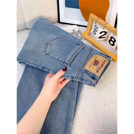 高货浅色加绒加厚直筒牛仔裤女冬季2025年新款高腰显瘦窄版阔腿薯