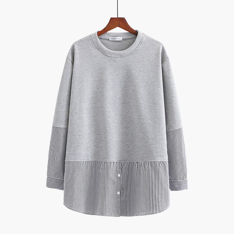 2021春装女装韩版新款大码女士套头衫圆领下摆条纹拼接假两件卫衣