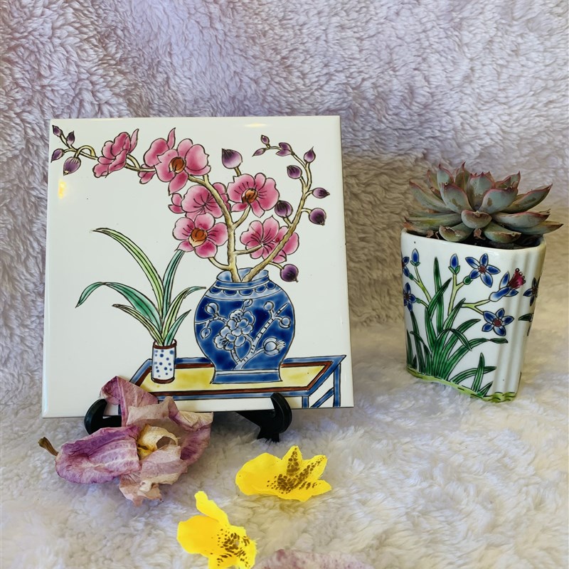 高两河手绘粉彩瓷器杯垫餐垫隔热垫花砖电视背景墙花园砖瓷片挂画