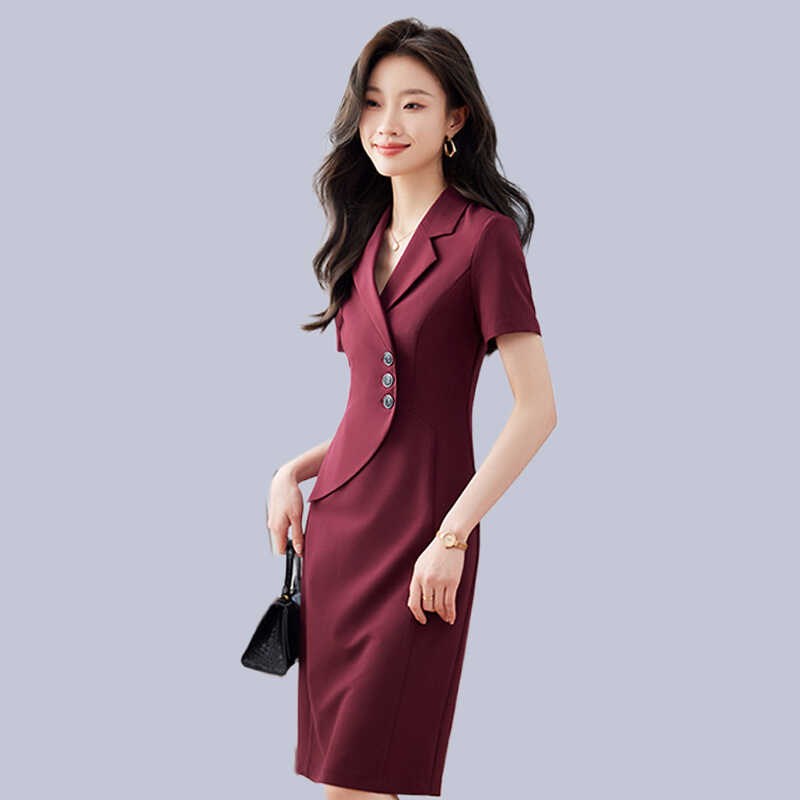 酒红色西装连衣裙女夏季薄款2024新款短袖气质职业正装工作服裙子