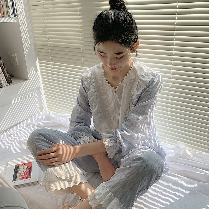 睡衣女秋宫廷复古公主纯棉长袖薄款家居服春韩版高贵洋气甜美套装