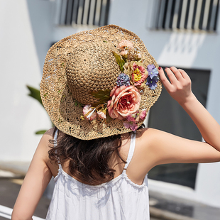 镂空帽子女韩版潮百搭花朵草帽女夏季小清新手工编制沙滩帽可折叠