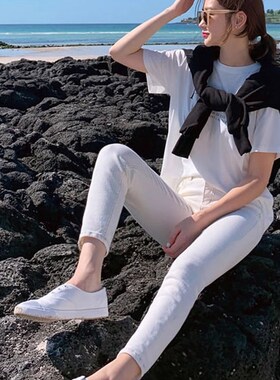 加绒白色牛仔裤女高腰2023秋冬B紧身显瘦九分小脚薄绒长裤铅笔裤