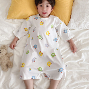 宝宝连体睡衣夏季薄款儿童半袖睡袍男童女童防Q踢被睡裙无骨家居
