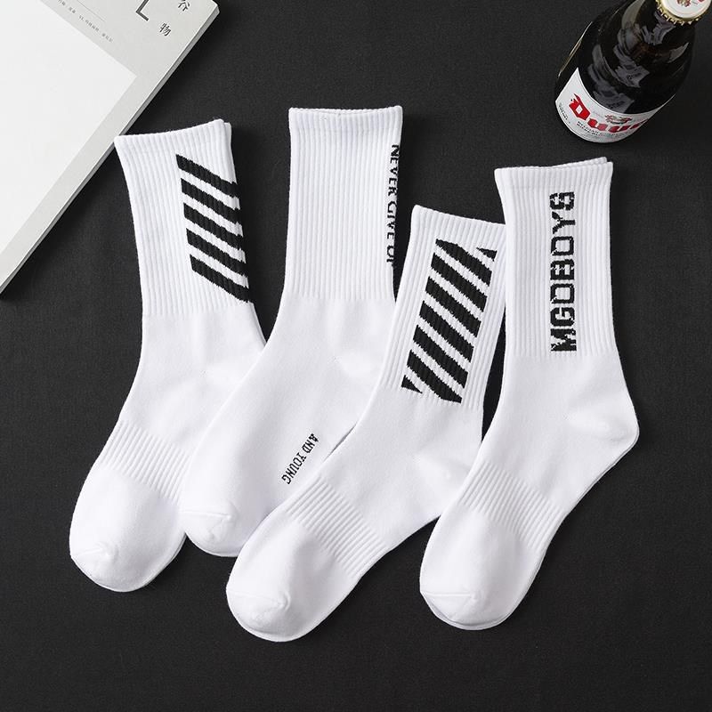 4双 长袜男潮流高帮长筒袜子白色字母条纹街头滑板袜学生韩版