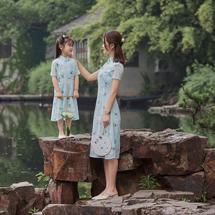 亲子旗袍母女装夏洋派中国风雪纺网红2023新款遮肚显瘦洋装薄款