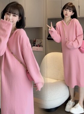 孕妇装秋冬季新款韩版时尚毛衣裙宽松连帽长袖中长版孕妇洋装子