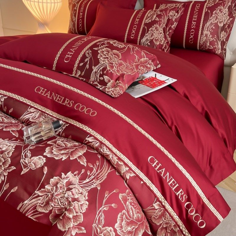 中式婚庆四件套大红色陪嫁床单被套结婚床上用品婚房喜被,床上用品,婚庆床品套件,淘宝优惠券,粉丝福利购,淘宝优惠卷