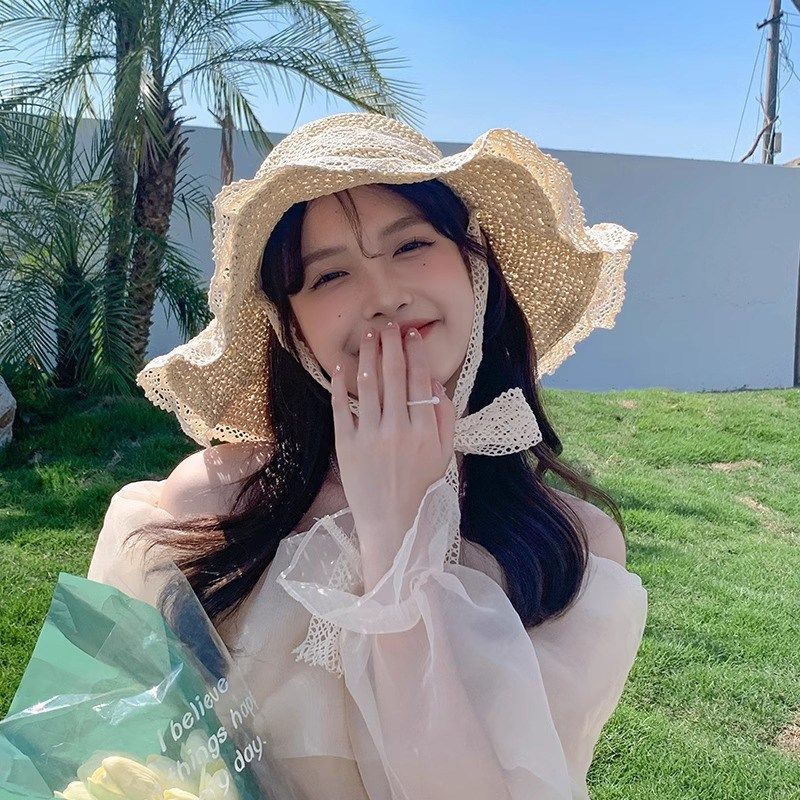 现货大头围草帽女新款海边度假编织镂空沙滩帽蕾丝大号大码防晒遮