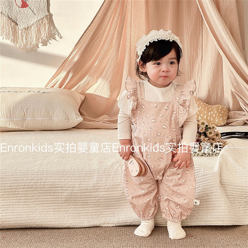 新款女宝宝春秋季连体衣婴儿长袖爬服碎花背带裤两件套小清新哈衣