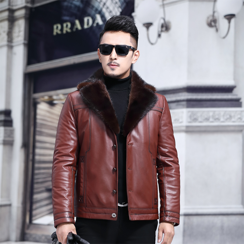 新品Genuine Real Cow Winter Coat Mink Collar Men Leather Jac