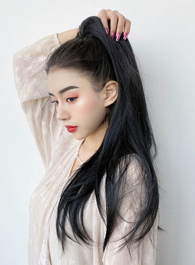 网红黑色高马尾辫子假发女直发 自然抓夹式超轻 发尾微卷中长发