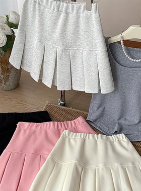 美式杂白灰色百i褶卫裙女春夏高腰遮胯A字百搭休闲学院风半身短裙