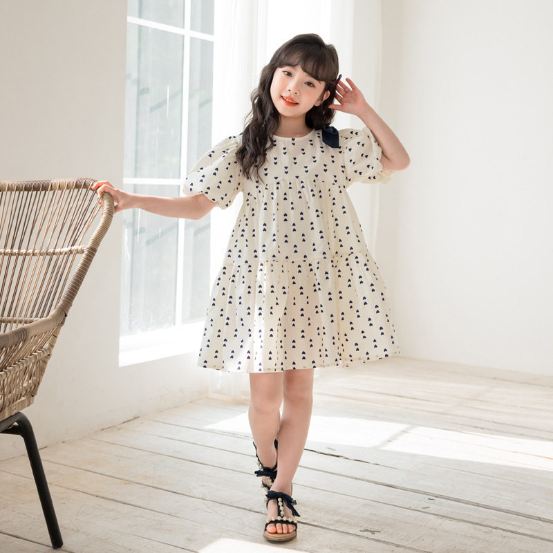 韩国女童洋气纯棉泡泡袖连衣裙夏季新款中大儿童韩版蝴蝶结公主裙